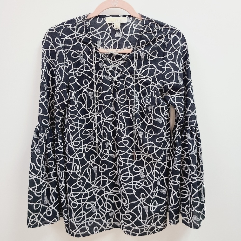 Michael Kors Women XS Nvy Rope Tassel Print Bell Sleeve Lace Up Chain Top Blouse